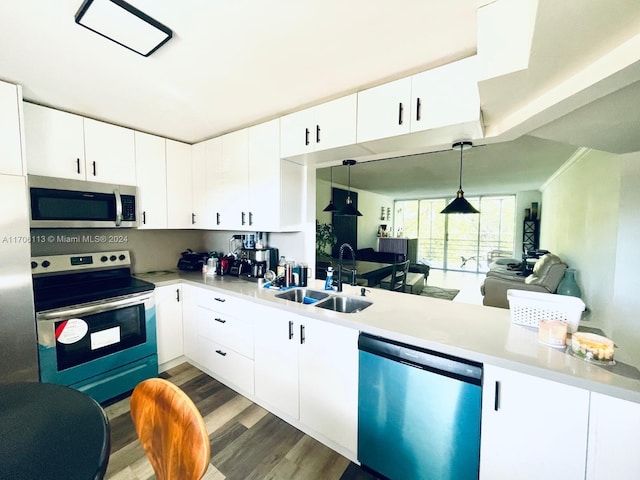 kitchen with white cabinets, dark hardwood / wood-style floors, sink, and stainless steel appliances