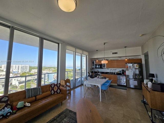 living room with floor to ceiling windows, a wealth of natural light, and sink