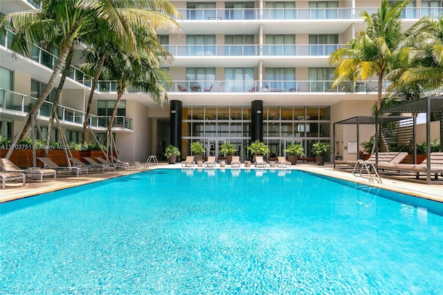 view of swimming pool with a patio