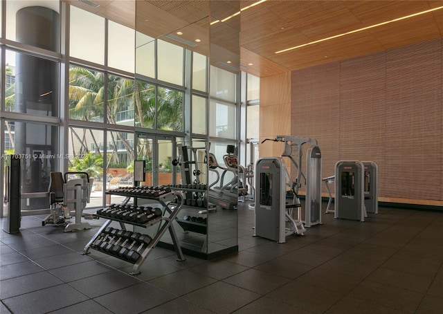 exercise room with a towering ceiling and a wall of windows