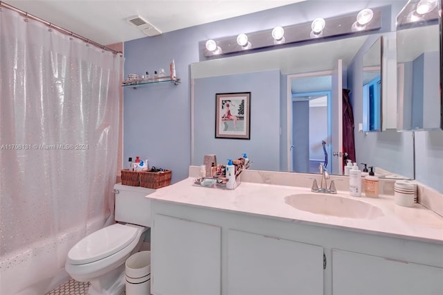 full bathroom featuring tile patterned flooring, shower / bath combination with curtain, toilet, and vanity