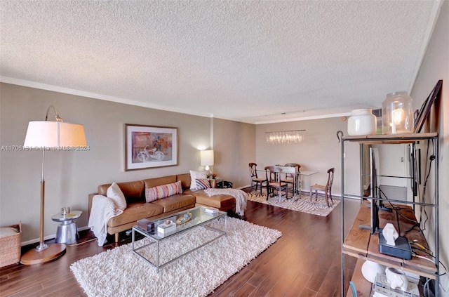 living room with a textured ceiling and dark hardwood / wood-style floors