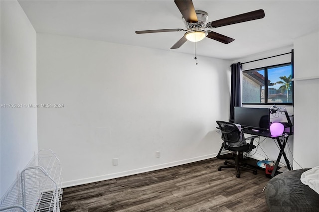 office featuring ceiling fan and dark wood-type flooring