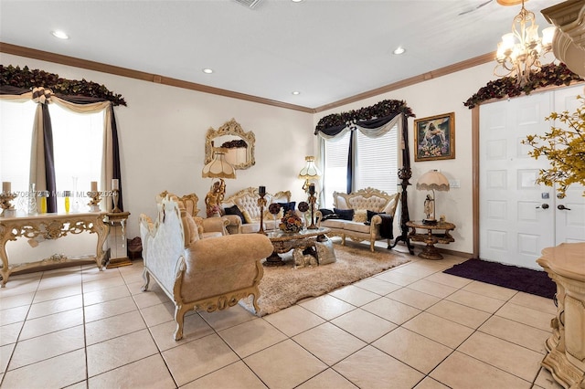 tiled living room featuring a notable chandelier and ornamental molding