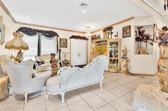 living room featuring light tile patterned floors and ornamental molding