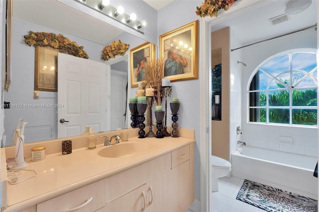 full bathroom with shower / washtub combination, tile patterned flooring, vanity, and toilet