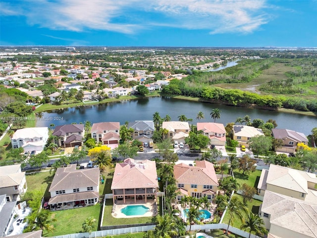 bird's eye view with a water view