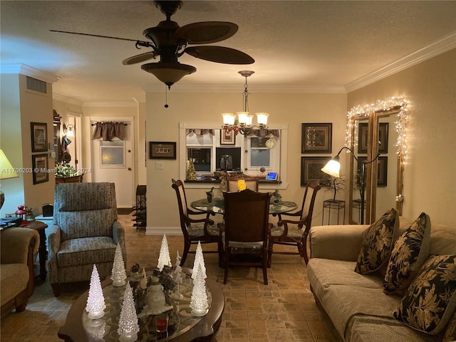 living room with a textured ceiling, ceiling fan with notable chandelier, and crown molding