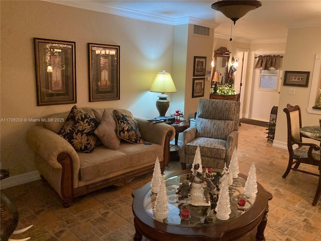 living room featuring crown molding