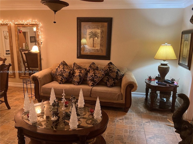 living room with crown molding