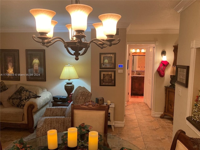 interior space with light tile patterned flooring, an inviting chandelier, ornamental molding, and sink