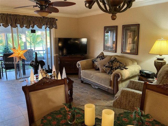 living room featuring crown molding and ceiling fan