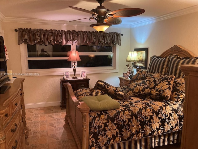 bedroom featuring ceiling fan and ornamental molding