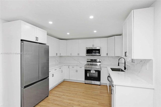 kitchen with sink, appliances with stainless steel finishes, decorative backsplash, white cabinets, and light wood-type flooring