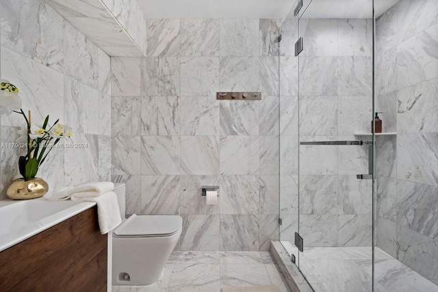 bathroom with walk in shower, vanity, tile walls, and toilet