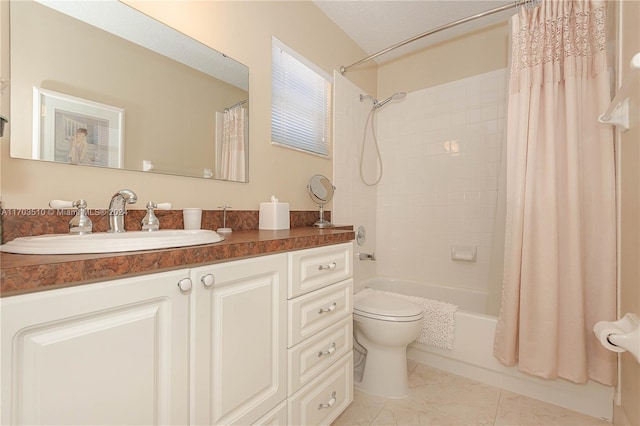 full bathroom with vanity, toilet, and shower / bathtub combination with curtain