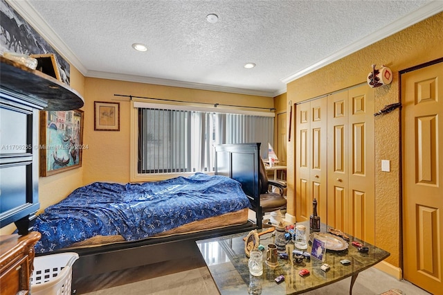 bedroom with a textured ceiling, a closet, and crown molding