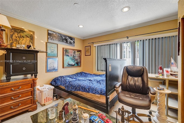 bedroom featuring tile patterned flooring, crown molding, and a textured ceiling