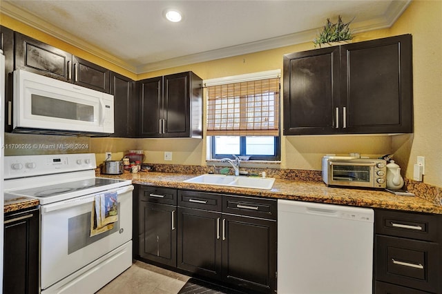 kitchen with white appliances, sink, ornamental molding, stone countertops, and light tile patterned flooring