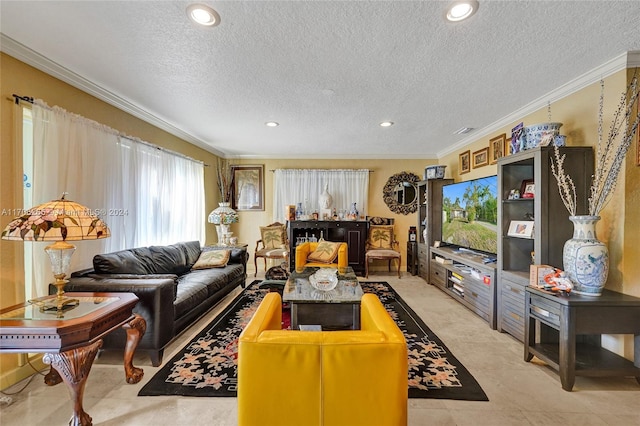 living room featuring crown molding and a textured ceiling