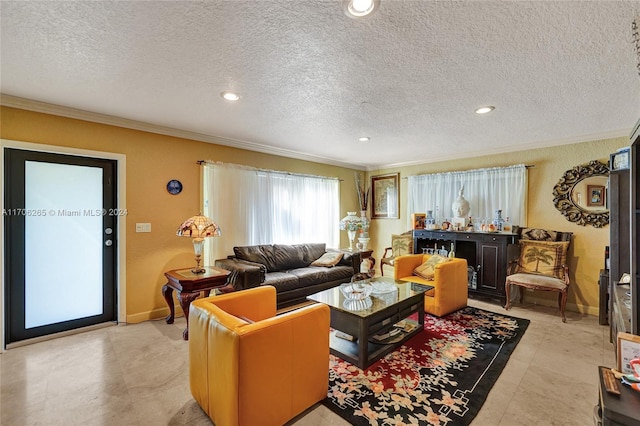 living room with a textured ceiling and ornamental molding