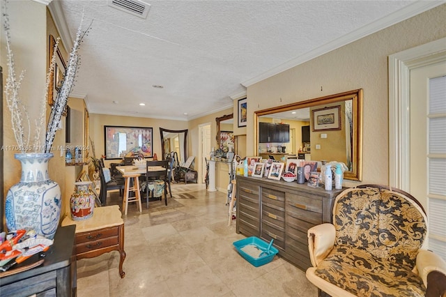 living area with crown molding and a textured ceiling