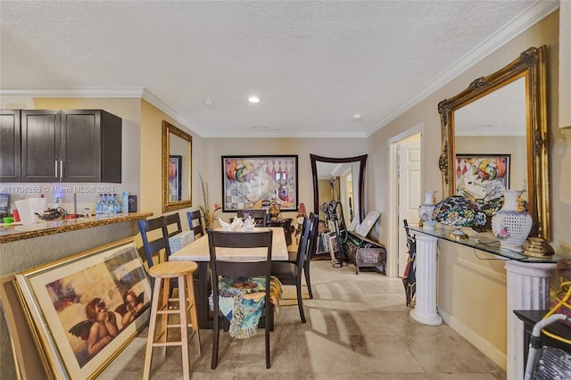 dining space featuring crown molding and a textured ceiling