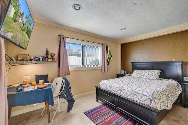 bedroom featuring a textured ceiling and crown molding