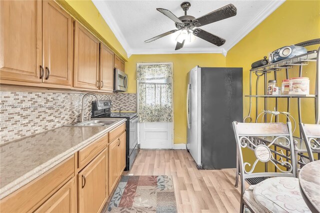 kitchen with ceiling fan, sink, stainless steel appliances, light hardwood / wood-style flooring, and crown molding
