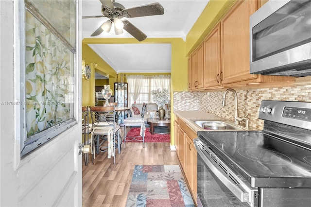 kitchen with sink, decorative backsplash, light wood-type flooring, ornamental molding, and stainless steel appliances