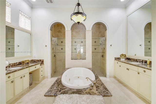 bathroom with tile patterned flooring, vanity, and ornamental molding