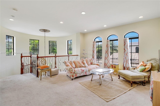 living room with light colored carpet