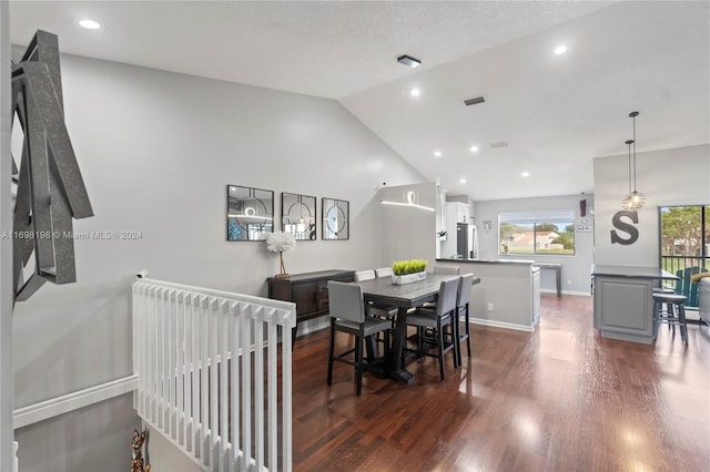 dining area with a wealth of natural light, dark hardwood / wood-style flooring, and vaulted ceiling