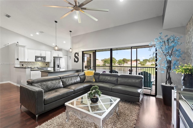 living room featuring high vaulted ceiling, ceiling fan, and dark wood-type flooring