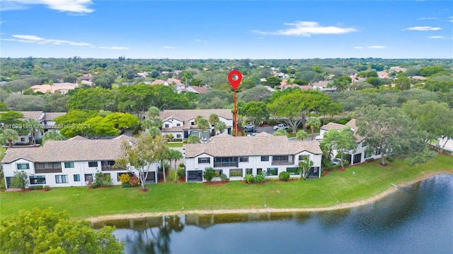 drone / aerial view featuring a water view