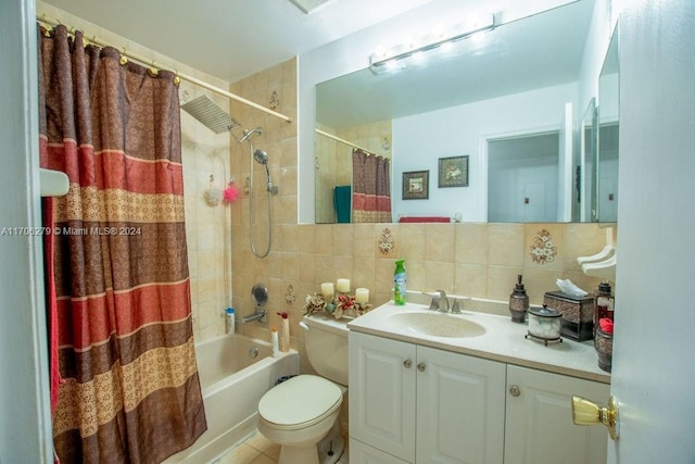 full bathroom with shower / bath combination with curtain, backsplash, vanity, tile walls, and toilet