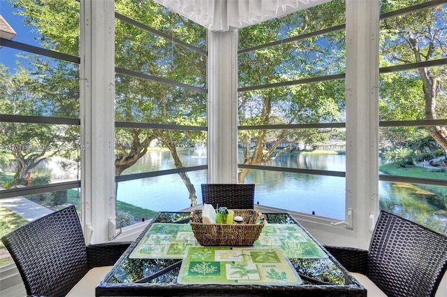 sunroom / solarium with a water view