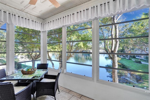 sunroom with a water view and ceiling fan