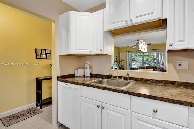 kitchen with white cabinets, dishwasher, ceiling fan, and sink