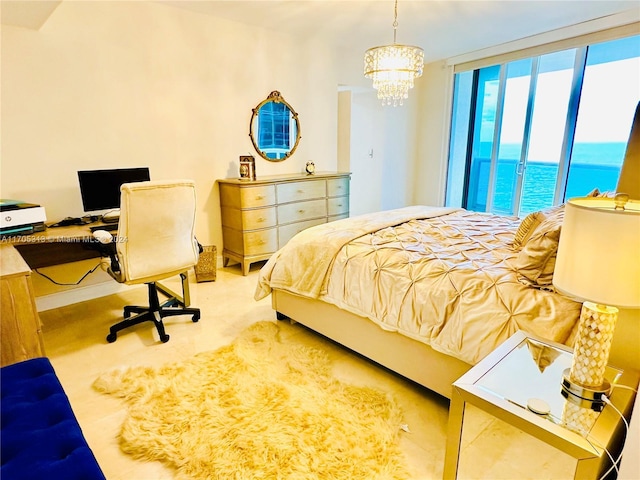 bedroom with access to exterior, floor to ceiling windows, a water view, and a chandelier