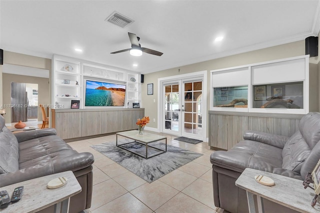 50 SW 130th Ave, Miami, FL 33184 - living room with light tile patterned floors, french doors, ceiling fan, and crown molding
