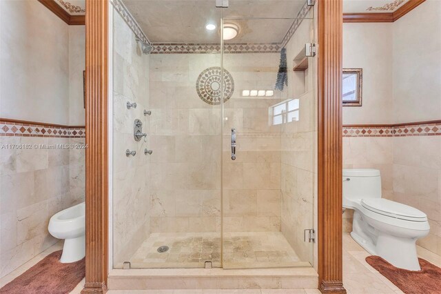 50 SW 130th Ave, Miami, FL 33184 - bathroom with a bidet, crown molding, toilet, tile walls, and a shower with shower door