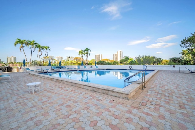 view of swimming pool with a patio area