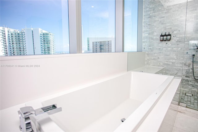 bathroom with shower with separate bathtub