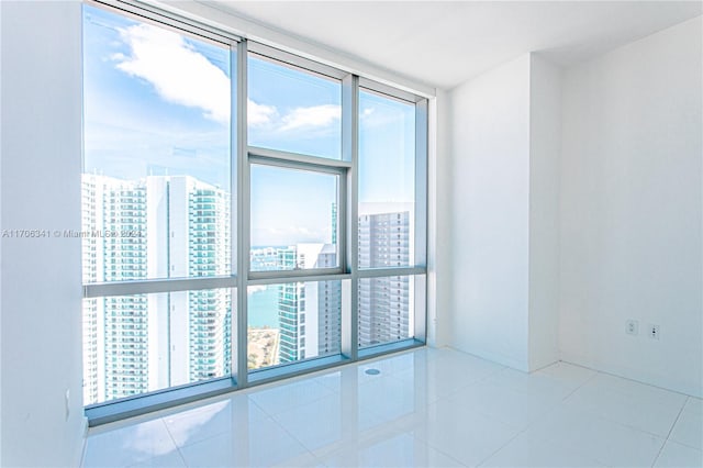 tiled spare room featuring plenty of natural light and a wall of windows