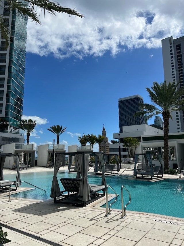 view of swimming pool featuring a patio area