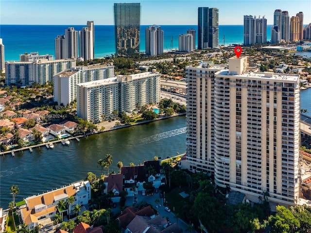 aerial view featuring a water view