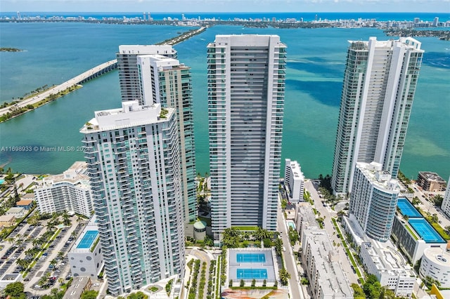 birds eye view of property featuring a water view