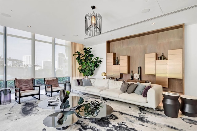 living room with floor to ceiling windows