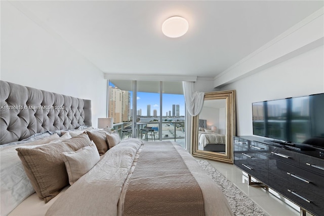 tiled bedroom featuring floor to ceiling windows and crown molding